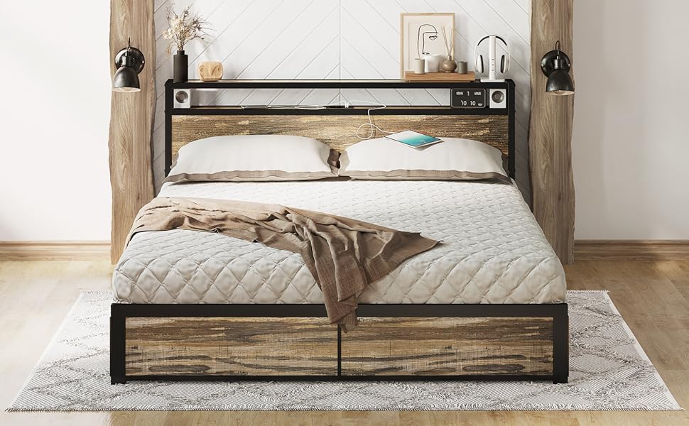 LIKIMIO Full Size Bed Frame with Storage, 2Tier Storage