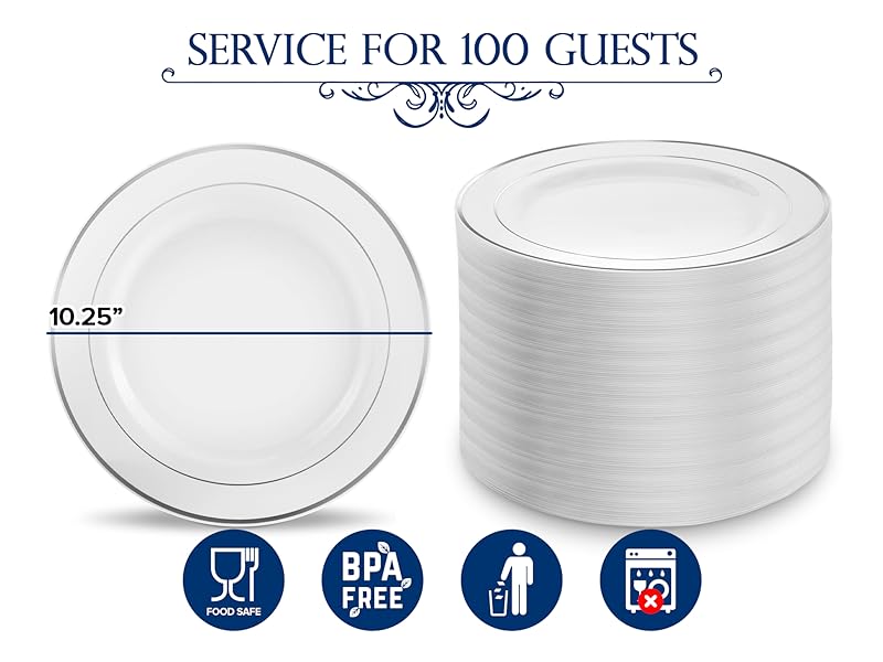 Sieral 200 Pieces Disposable Plates Plastic Party Plates With Rim Hard Plastic Appetizer Salad Dessert 7.5 Inch Elegant Heavy Duty Tableware For Dinner Wedding Party Supplies(Silver Rim