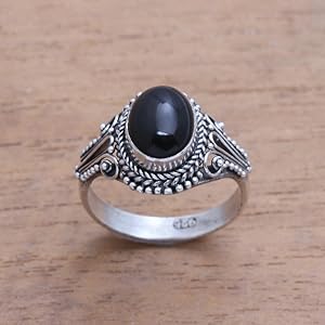 NOVICA Artisan Handmade .925 Sterling Silver Onyx Single Stone Ring From Indonesia