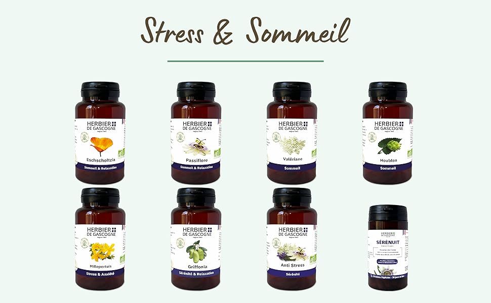 Le texte se lit comme suit : « Stress & Sommeil ». Affichage de plusieurs flacons de suppléments disposés en rangées montrant les variations de produits et les différentes formulations.
