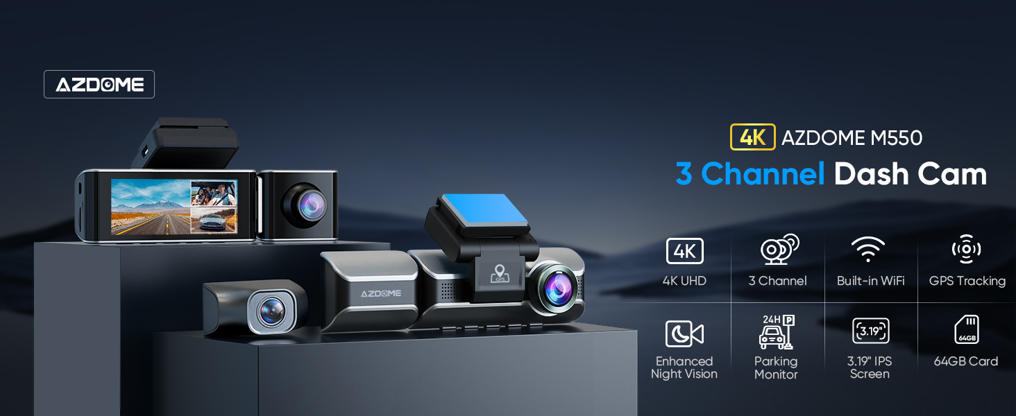 AZDOME M550 3 Channel 4K WiFi Dash Cam, Dual Front and Rear 4K+1080P