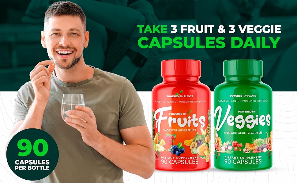 Simply take 3 fruit & 3 veggie capsules daily with a glass of water to optimize your wellness.