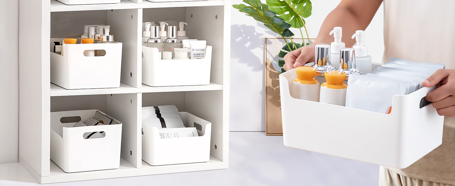 LYLIDIA 5pcs Plastic Storage Boxes White Lower Front Small Storage Baskets Containers 26cm