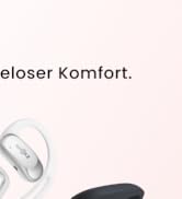 Weißer kabelloser Ohrhörer auf rosafarbenem Hintergrund, mit sichtbarem Teiltext, in dem „Komfort“ erwähnt