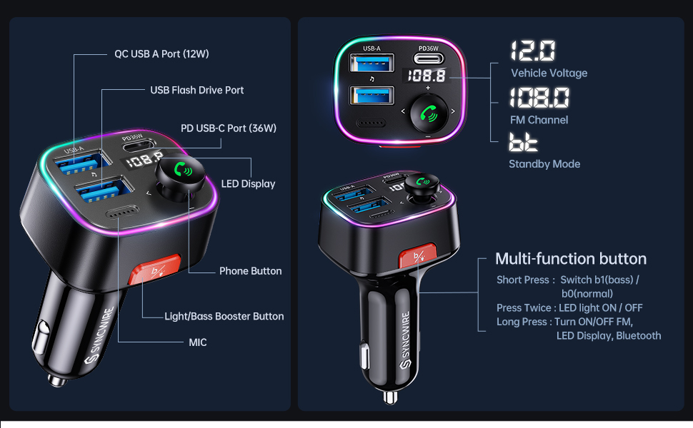 Syncwire Bluetooth 5.3 FM Transmitter for Car, 48W Max Dual USB Car