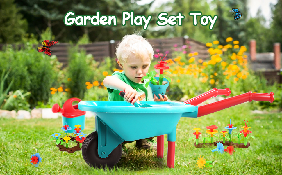 CUTE STONE Kids Gardening Tool Set, Garden Toys with Wheelbarrow