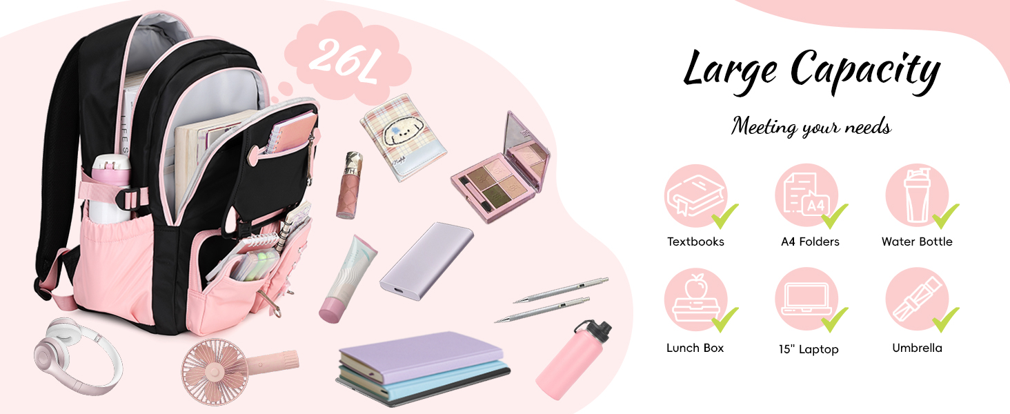 Sac à dos rose et noir à multiples compartiments, entouré de fournitures scolaires, notamment des cahiers, des stylos et des cosmétiques. Le texte met en évidence les caractéristiques de grande capacité et d'organisation.