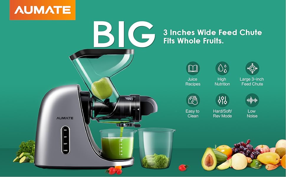 Slow Juicer Machines, AUMATE Fretta Wide Feed Chute