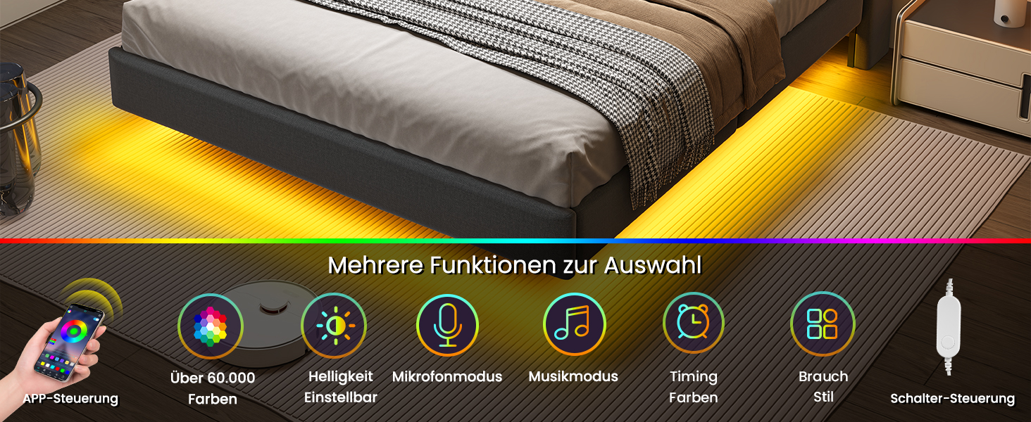 Schlafzimmer mit LED-Beleuchtung unter dem Bett. Das Bedienfeld zeigt Funktionen: App-Steuerung, Farbauswahl, Helligkeit, Mikrofonmodus, Musikmodus, Timer und Helligkeitseinstellung.