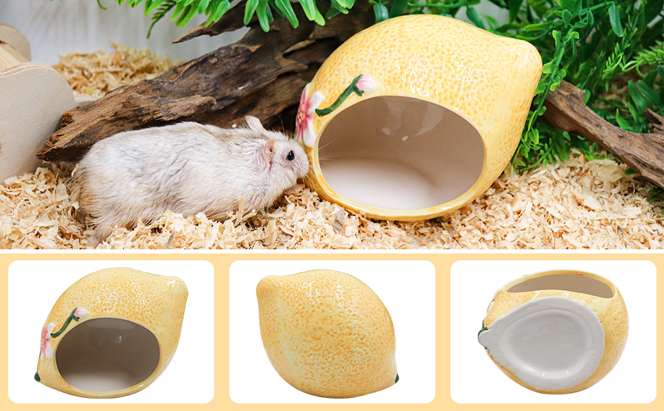Hamster Houses and Hideouts, Ceramic Lemon Shape Hamster Hide, Small Animal Habitat Decor