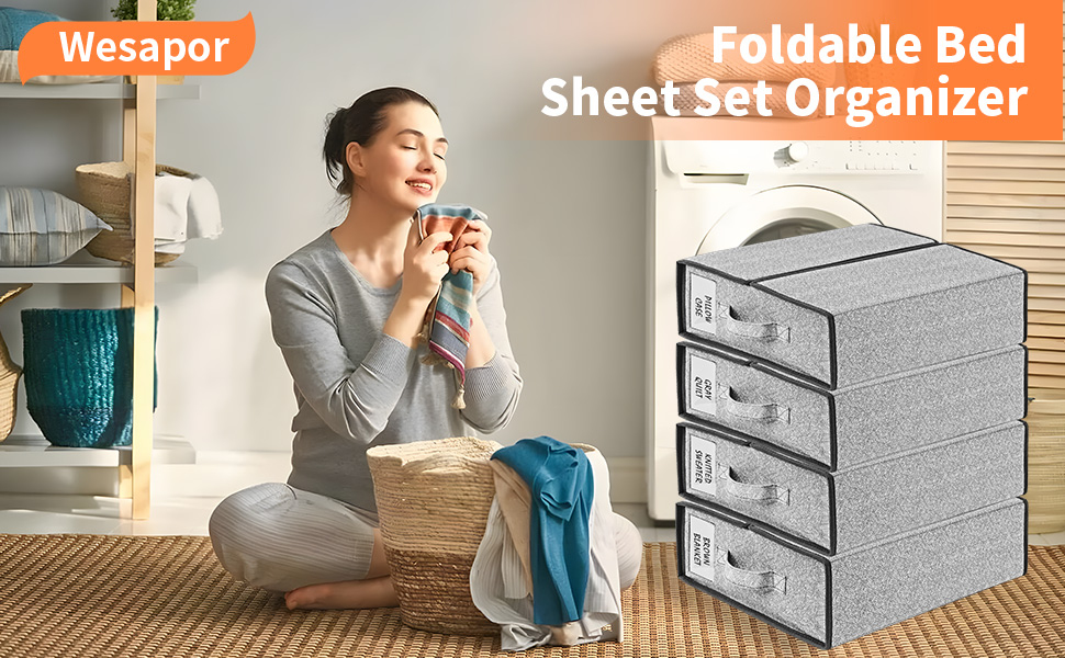 Bed Sheet Organizers and Storage, 4 Pack Foldable Bed Sheet Set Organizer and
