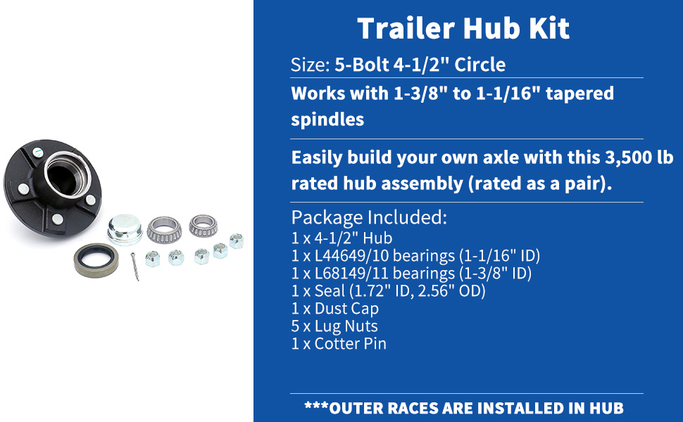 UCUT Trailer Hub Kit,5 Bolt on 41/2" Bolt Circle,Trailer Hub Kit for 13/8" Inner