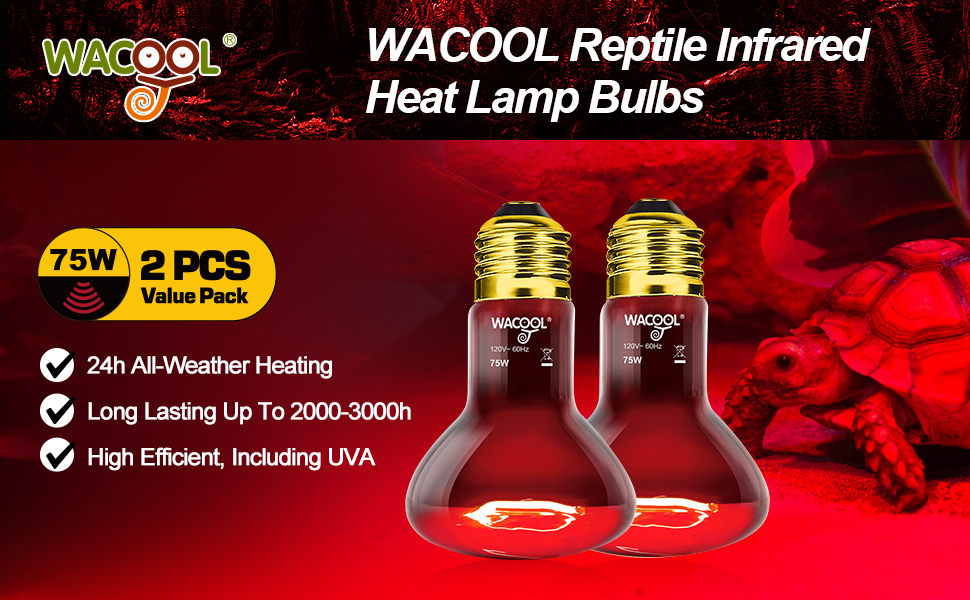 WACOOL 2 Pack Reptile Heat Lamp Bulbs,75w Infrared Basking