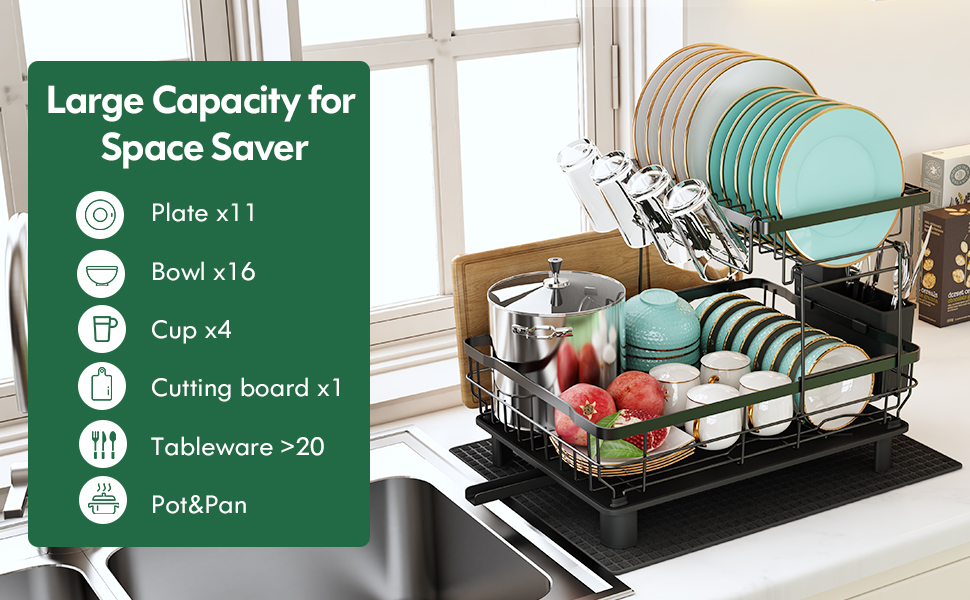 Qienrrae Dish Rack and Drainboard Set, 2 Tier Dish Drying Rack for Kitchen Counter, Stainless