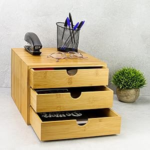 Bamboo Desktop 3 Drawer Organiser| M&W Slim Opening
