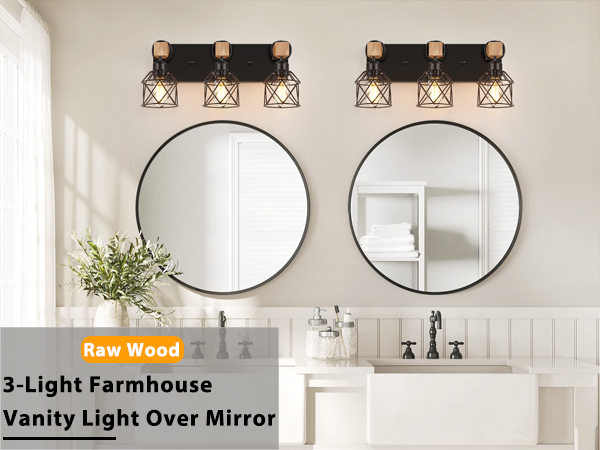 Farmhouse Bathroom Light Fixtures, Wood Bathroom Lighting Fixtures Over Mirror