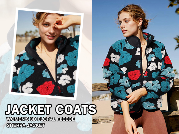 ジャケット・アウター UND SHADOW FLOWER WOOL COAT Aoang Women's Fuzzy Fleece 3D Floral Button Down Crew Neck