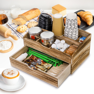 Wooden Coffee Bar Accessories Organizer With Drawer