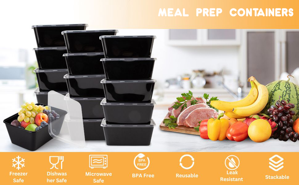 Black Plastic Meal Prep Food Containers, Takeaway Containers With Lids Microwave Food