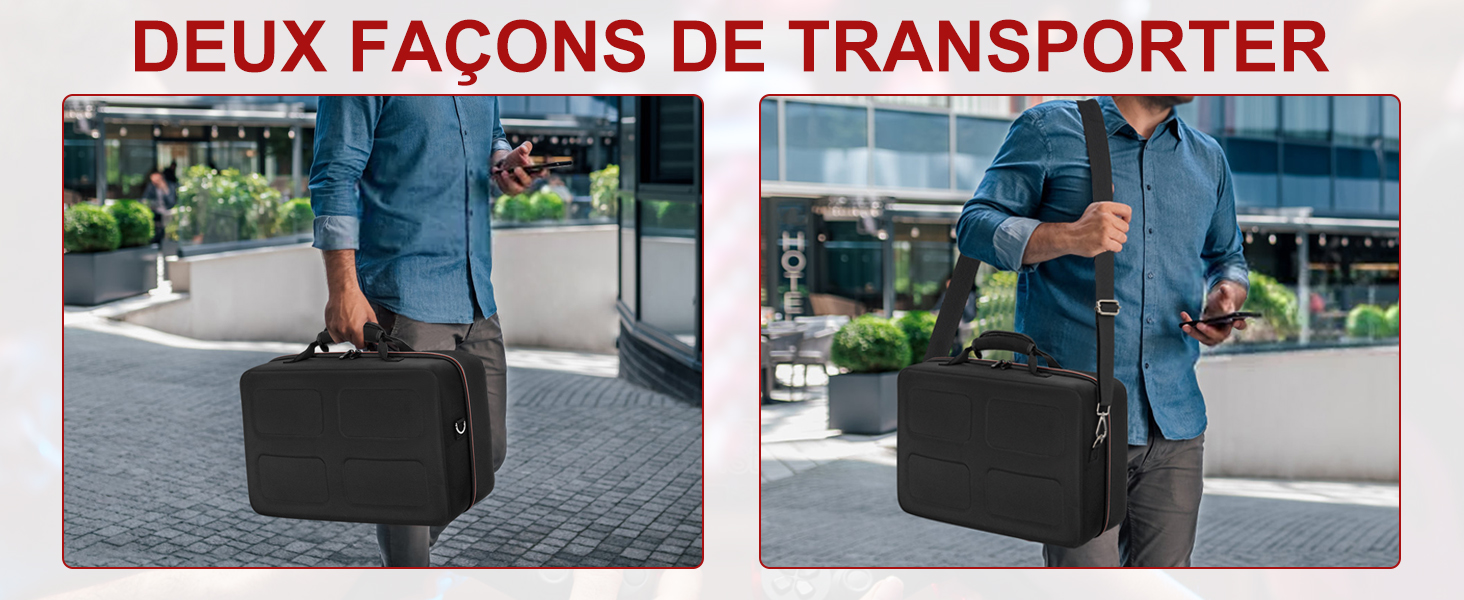 Le texte se lit comme suit : « DEUX FAÇONS DE TRANSPORTER ». Plusieurs images montrant un sac noir de style mallette transporté et transporté de deux manières différentes.