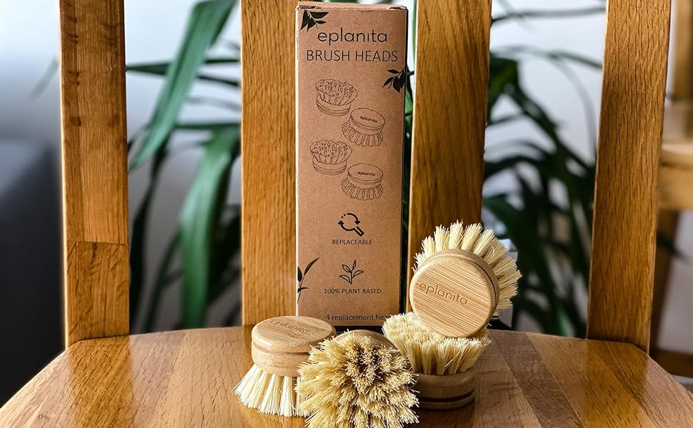 eplanita bamboo dish brush heads 4 pack