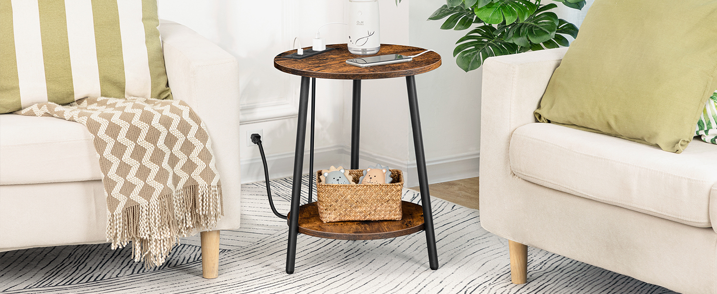 HOOBRO 2Tier Round End Table with Charging Station, Side Table with