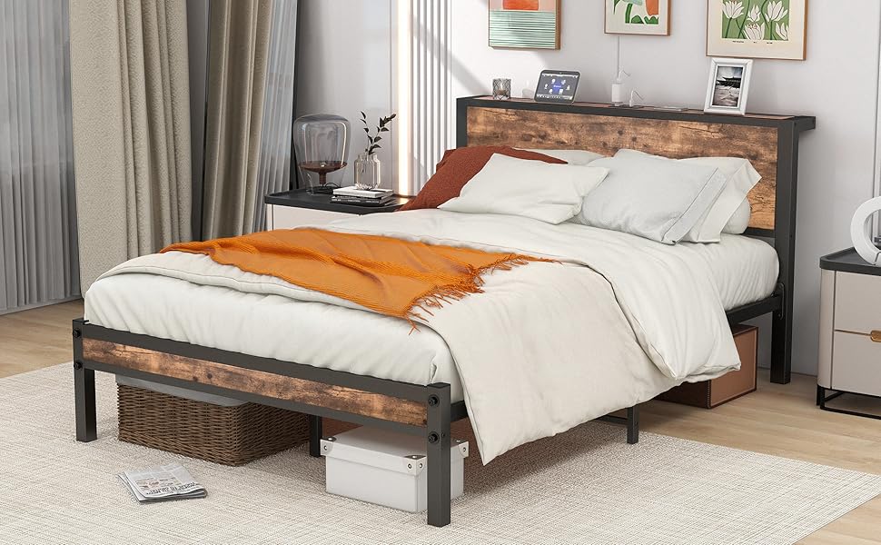Diolong Queen Bed Frame with Wood Headboard and Charging Station