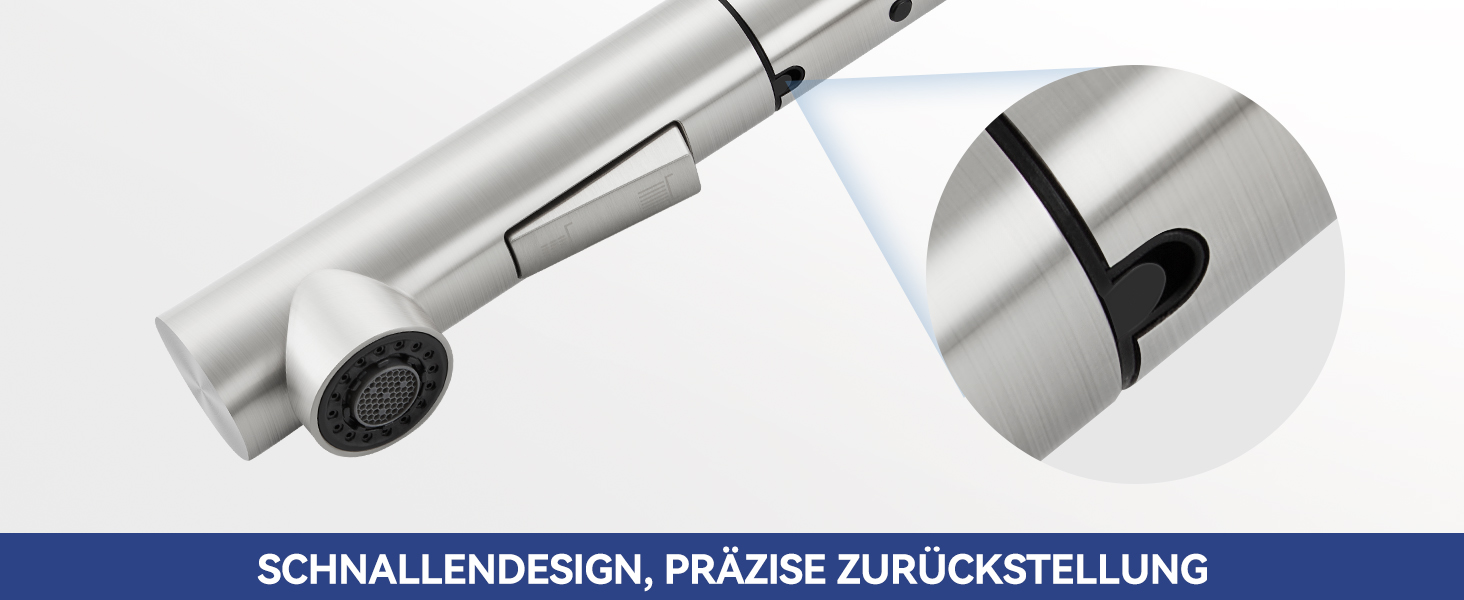 Nahaufnahme eines silbernen Metallgeräts mit Präzisionsspitze und verstellbarem Mechanismus. Der Text weist auf ein Schnellverschlussdesign und