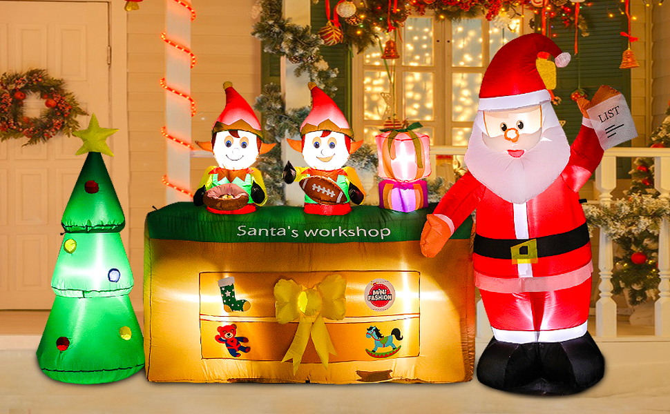 9 Ft Christmas Inflatables Outdoor, Giant Blow Up Santa's Shop with 2