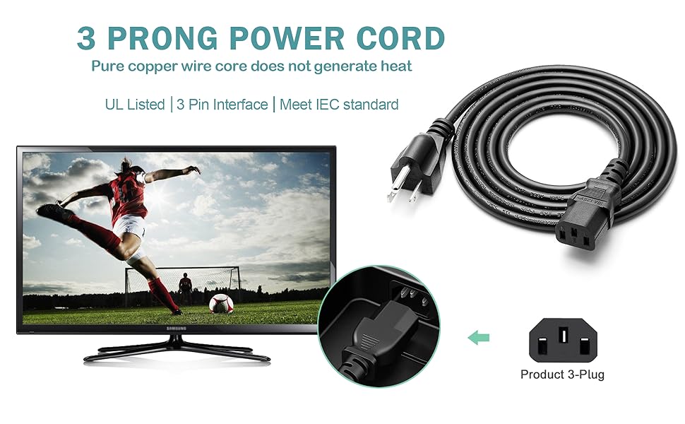 AC Power Cord for Samsung Plasma TV Vizio Sony LG, ION Pathfinder 2 3 4 Speaker