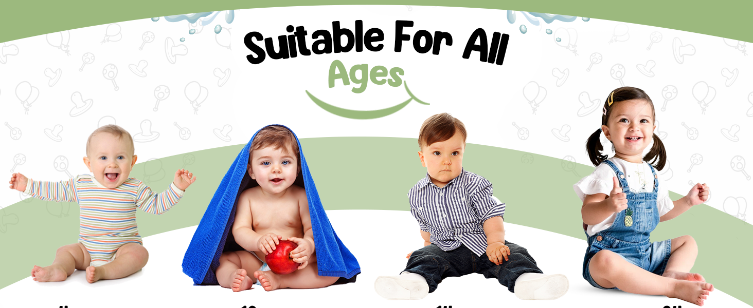 Marketing banner showing 'Suitable For All Ages' text with images of children at different developmental stages against a white background with green accents.