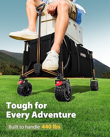 Heavy-duty utility wagon with rugged all-terrain wheels shown outdoors. Text indicates 440 lbs weight capacity. Features black fabric construction and collapsible design.