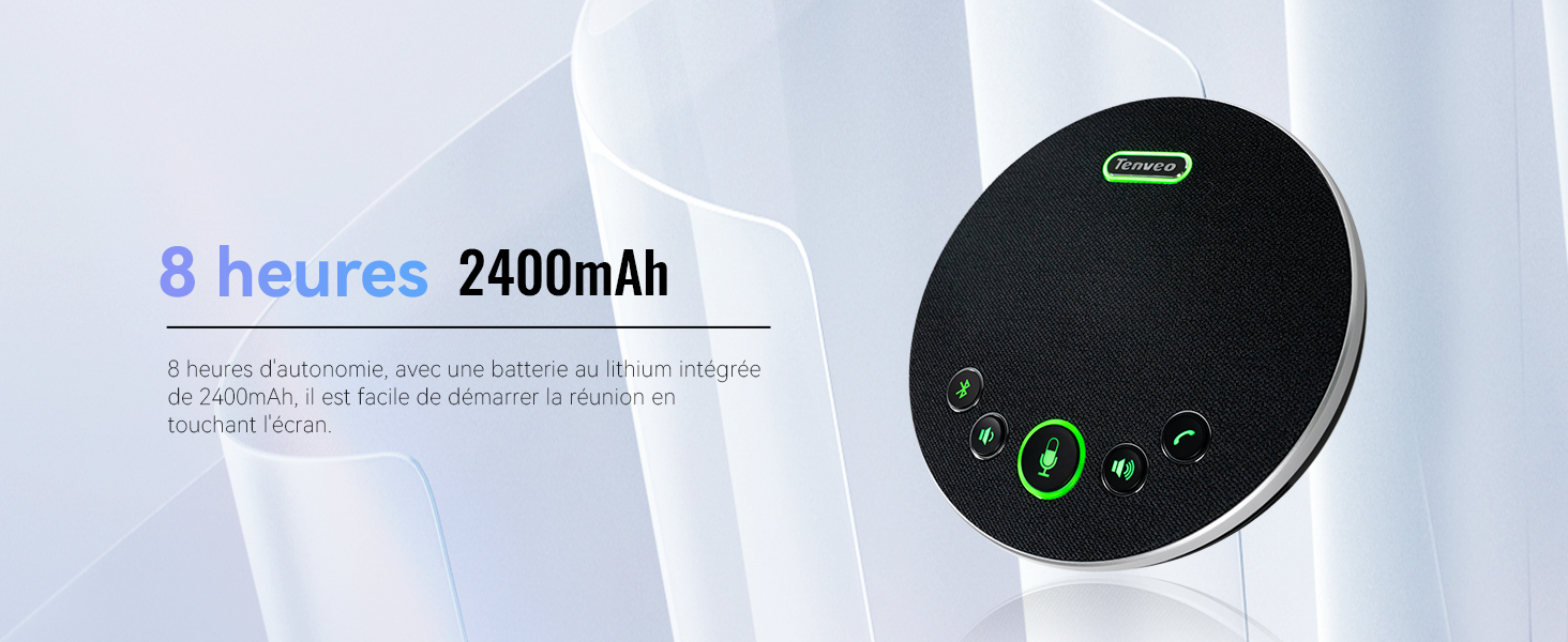 Appareil électronique circulaire noir avec indicateurs LED verts. Le texte met en évidence l'autonomie de 8 heures et la capacité de 2 400 mAh