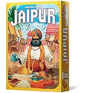 El texto dice «JAIPUR». Colección de coloridas cajas de juego o cartas que muestran escenas de mercados de Oriente Medio con mercaderes y mercancías.