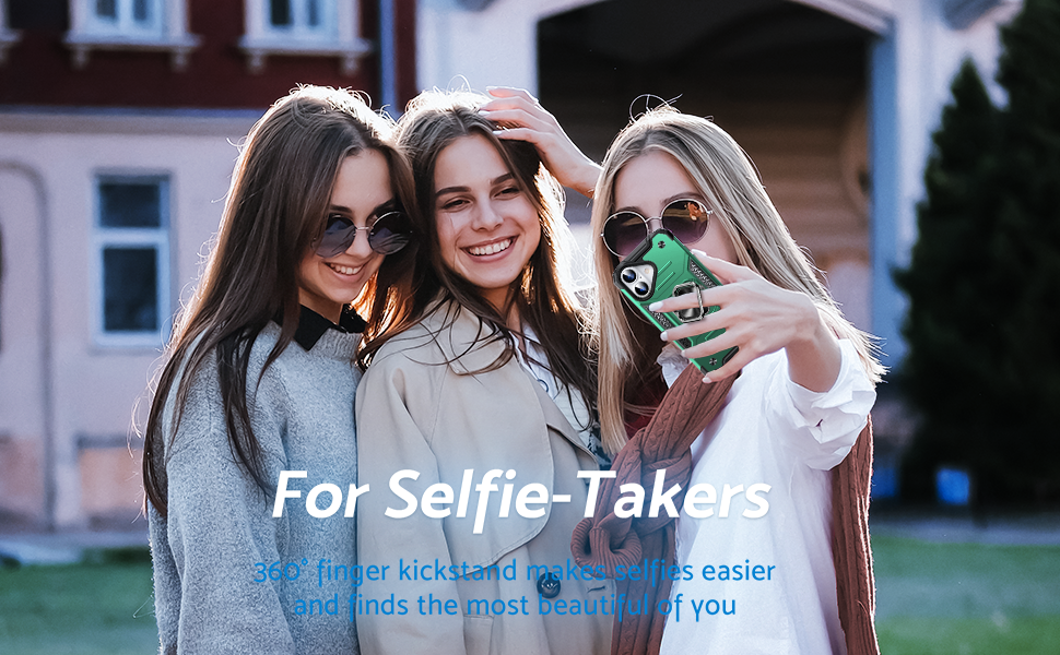 Marketing image showing people taking a selfie outdoors, demonstrating phone camera functionality.