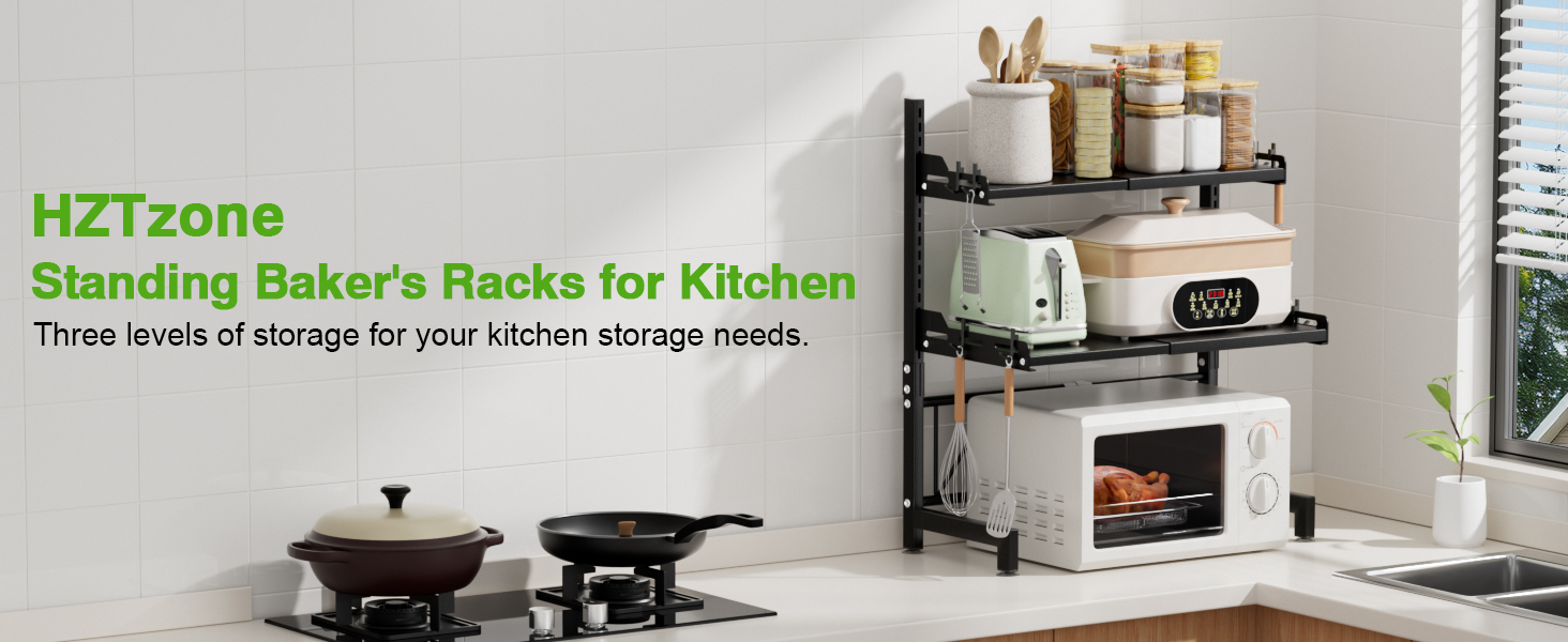 3-Tier Adjustable Microwave Shelf with 8 Hooks