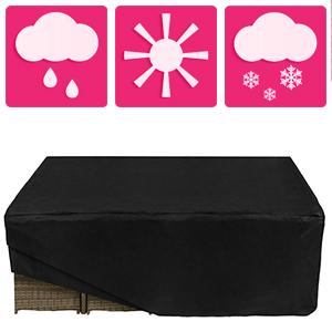 Housse rectangulaire noire pour mobilier d'extérieur. Au-dessus se trouvent trois icônes roses représentant la pluie, le soleil et la neige.