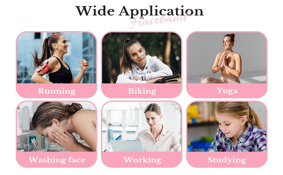 Collage de six images montrant diverses activités : courir, faire du vélo, faire du yoga, se laver le visage, travailler à un bureau et étudier. Texte « Application étendue » en haut de la page
