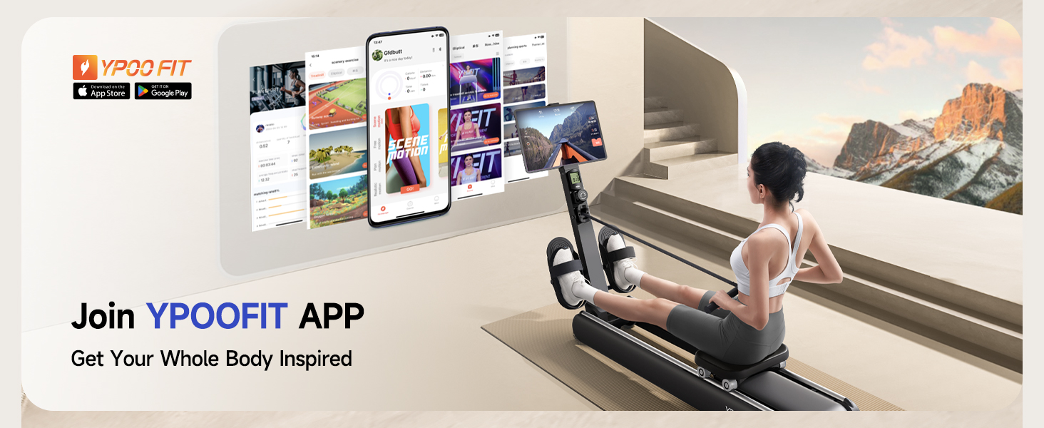 Fitness app advertisement showing smartphone screens, exercise equipment, and a person using a rowing machine. App logo and download options visible.