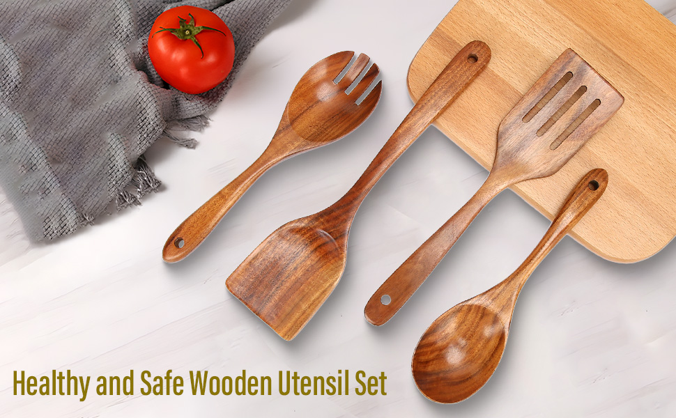 wooden cooking kitchen utensil set