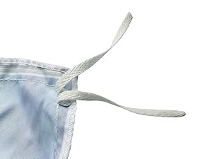 a close up of a blue and white face mask