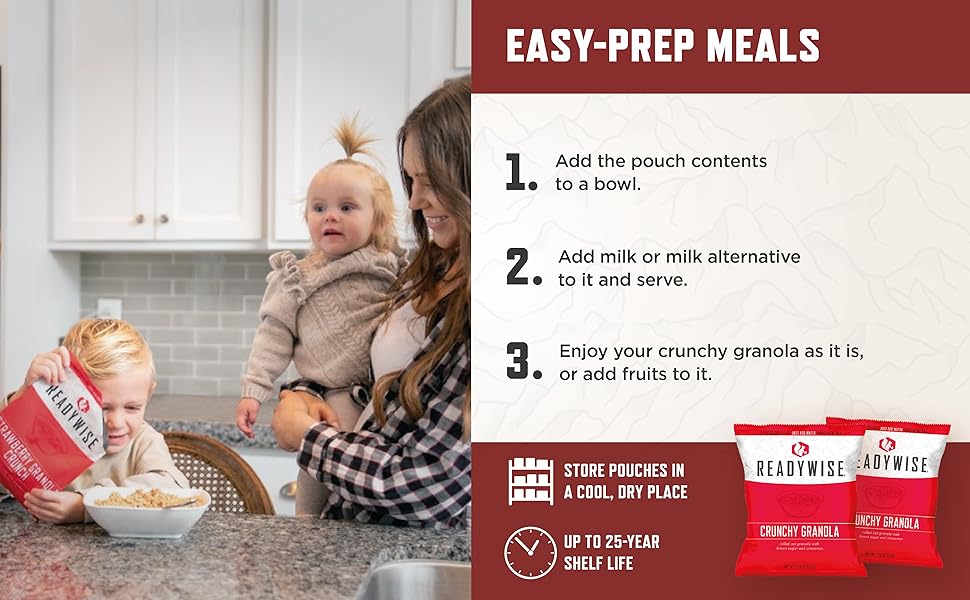 Mom and her two children eating granola for breakfast at home. Easy-Prep Meals