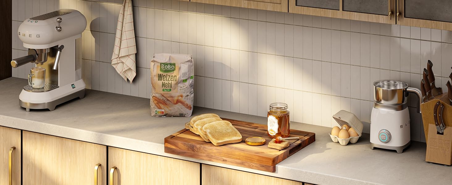 cutting board with bread and jam on countertop