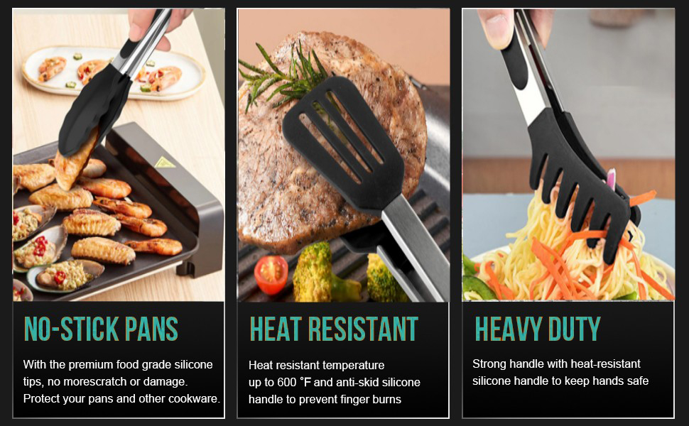 Set 3 Pinze Da Cucina In Acciaio Inox Con Punte Silicone - Per Griglia, Spaghetti E BBQ