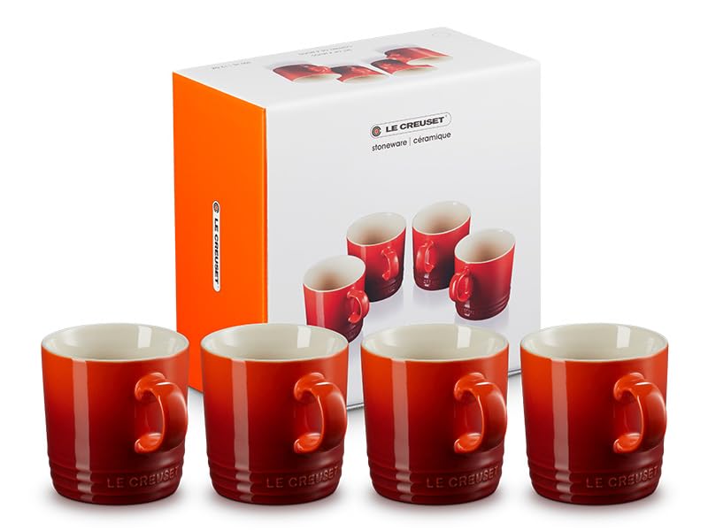 Le Creuset Stoneware Mugs, Set of 4, 350 ml each, Cerise, 4 Count (Pack