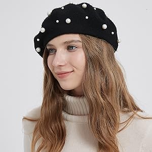Women Beret Pearl Elegant Sweet Artist French Style Beret Beanie Cap-6