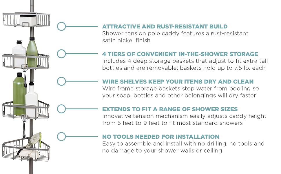Zenna Home Tension Pole Shower Caddy, 4 Basket Shelves