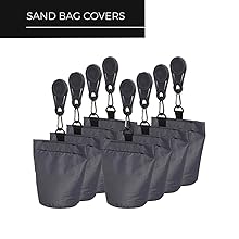 Set of dark gray sandbag covers with black straps and clips. Multiple bags arranged in rows, designed for outdoor use. Text 'SAND BAG COVERS' visible above.