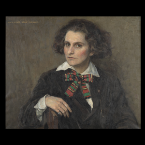 Painting of a woman with curly brown hair. She is wearing a colorful kerchief around her neck.