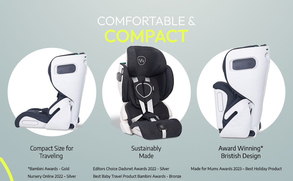 Compact car seat for travelling. Award winning british design childrens car seat